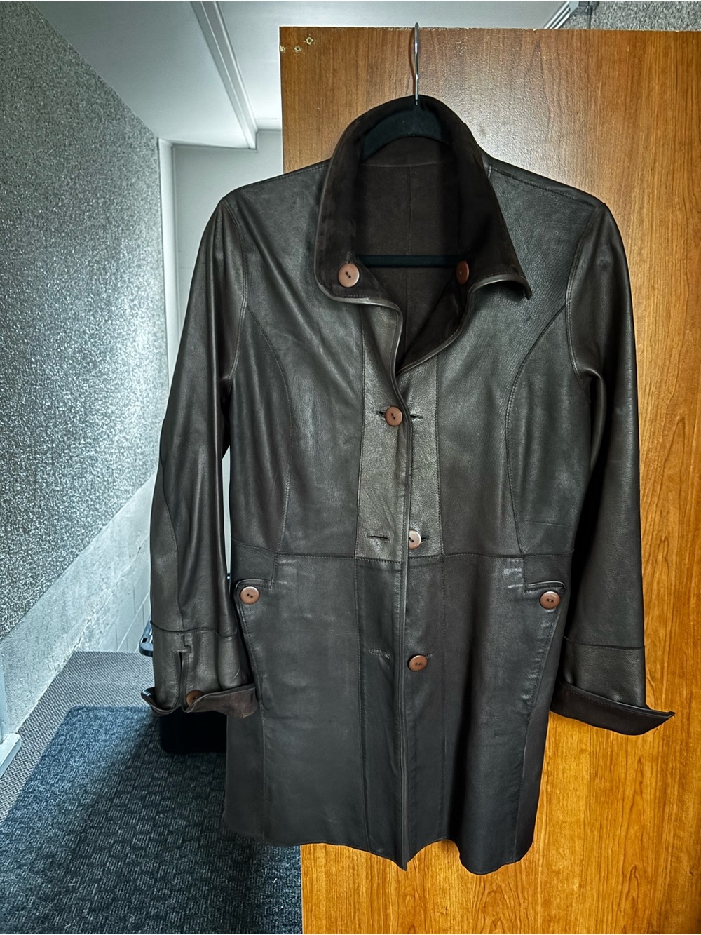 Women's Dark Brown Leather Button-Front Coat